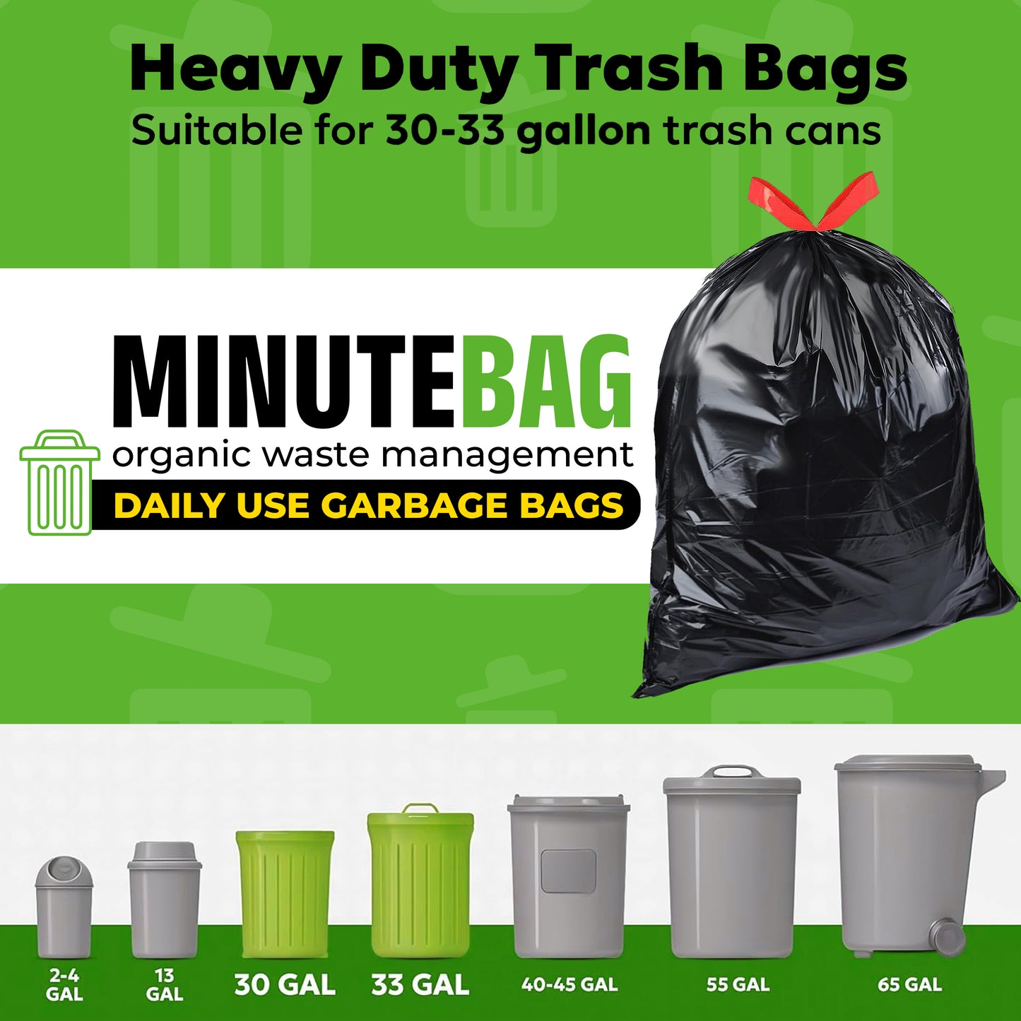 MinuteBag® Biodegradable Drawstring Garbage Bags (17 x 19 inch)| Extra Strong Dustbin Bags for Kitchen, Home & Office | Leak Proof & Odor Control Trash Bags
