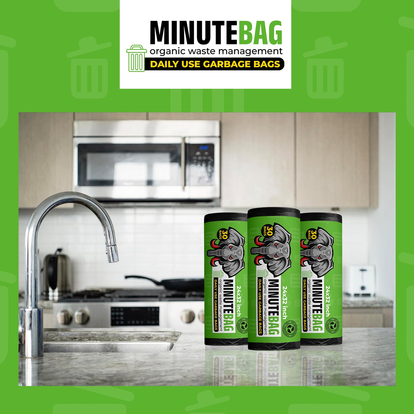 MinuteBag® Biodegradable Drawstring Garbage Bags (19 x 21 inch) | Extra Strong Dustbin Bags for Kitchen, Home & Office | Leak Proof & Odor Control Trash Bags (3)