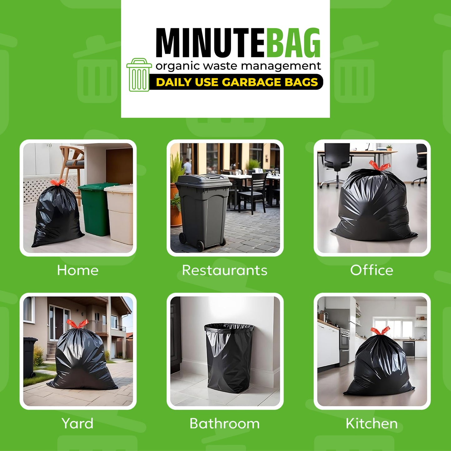 MinuteBag® Biodegradable Drawstring Garbage Bags (19 x 21 inch) | Extra Strong Dustbin Bags for Kitchen, Home & Office | Leak Proof & Odor Control Trash Bags (3)