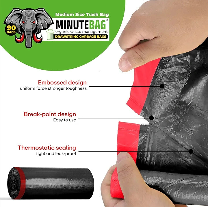 MinuteBag® Biodegradable Drawstring Garbage Bags (30 x 37 inch) | Extra Strong Dustbin Bags for Kitchen, Home &amp; Office | Leak Proof &amp; Odor Control Trash Bags