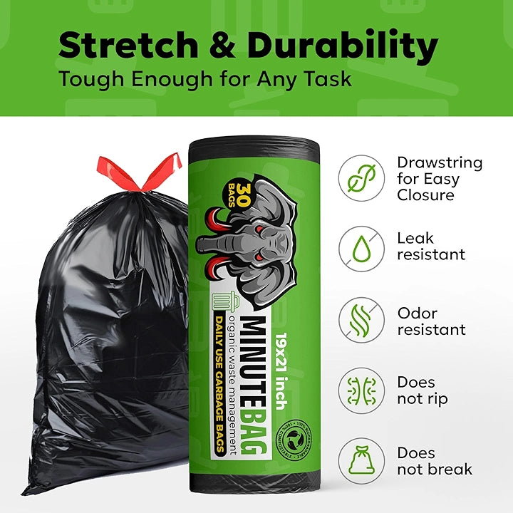 MinuteBag® Biodegradable Drawstring Garbage Bags (19 x 21 inch) | Extra Strong Dustbin Bags for Kitchen, Home & Office | Leak Proof & Odor Control Trash Bags (3)